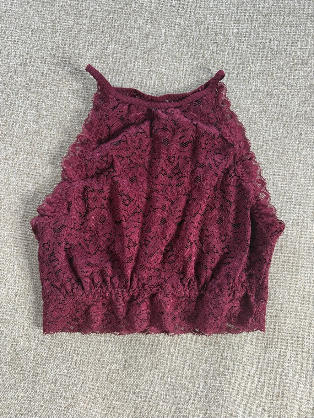 High-Neck Lace Crop Cami in Burgundy - size M